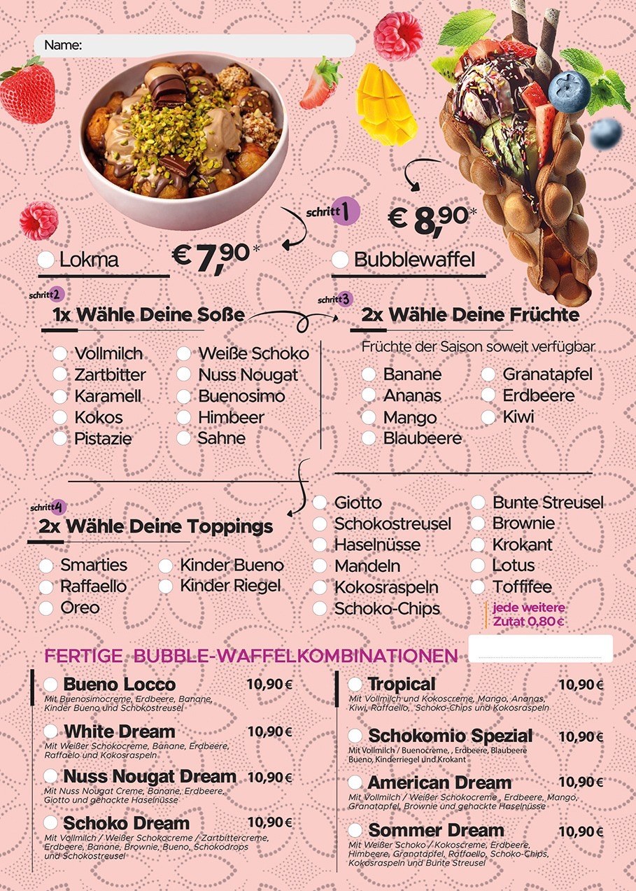 Schokomio Menükarte Waffeln und Lokma